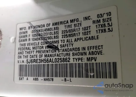 2010 Honda Cr-V Ex из США, поврежденный, VIN 5J6RE3H56AL025862